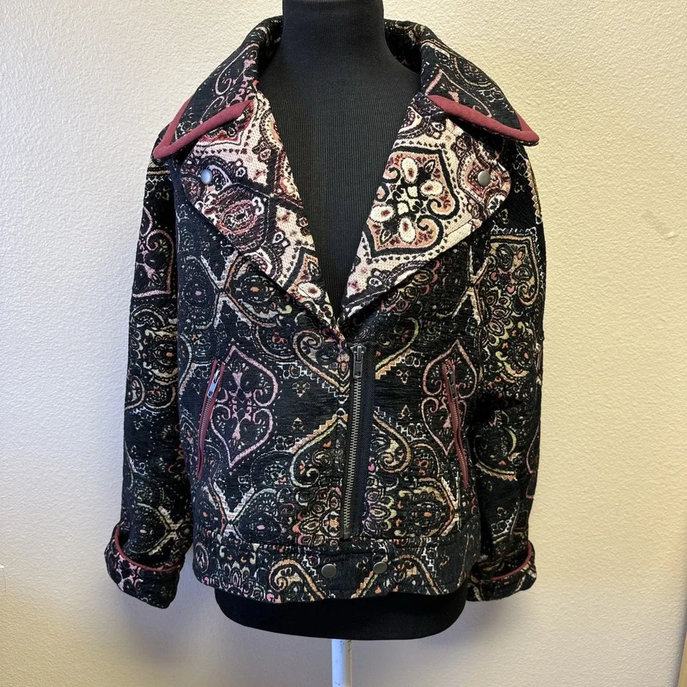 Free People Women's Small Tapestry Labyrinth Moto Jacket Bohemian‎ Hipster Chic